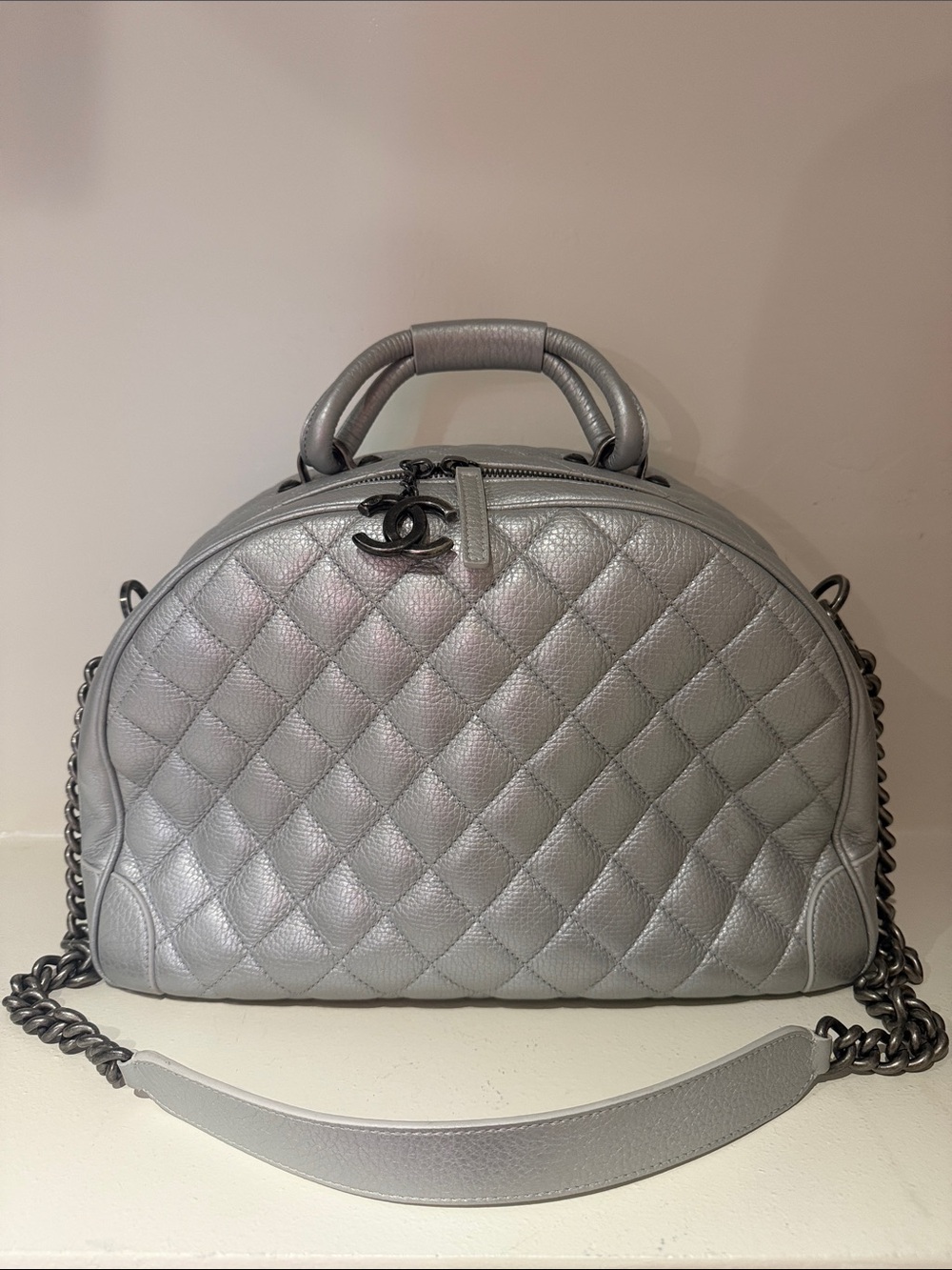 CHANEL Airline Silver Small Roundtrip Bowling Bag (RHW)